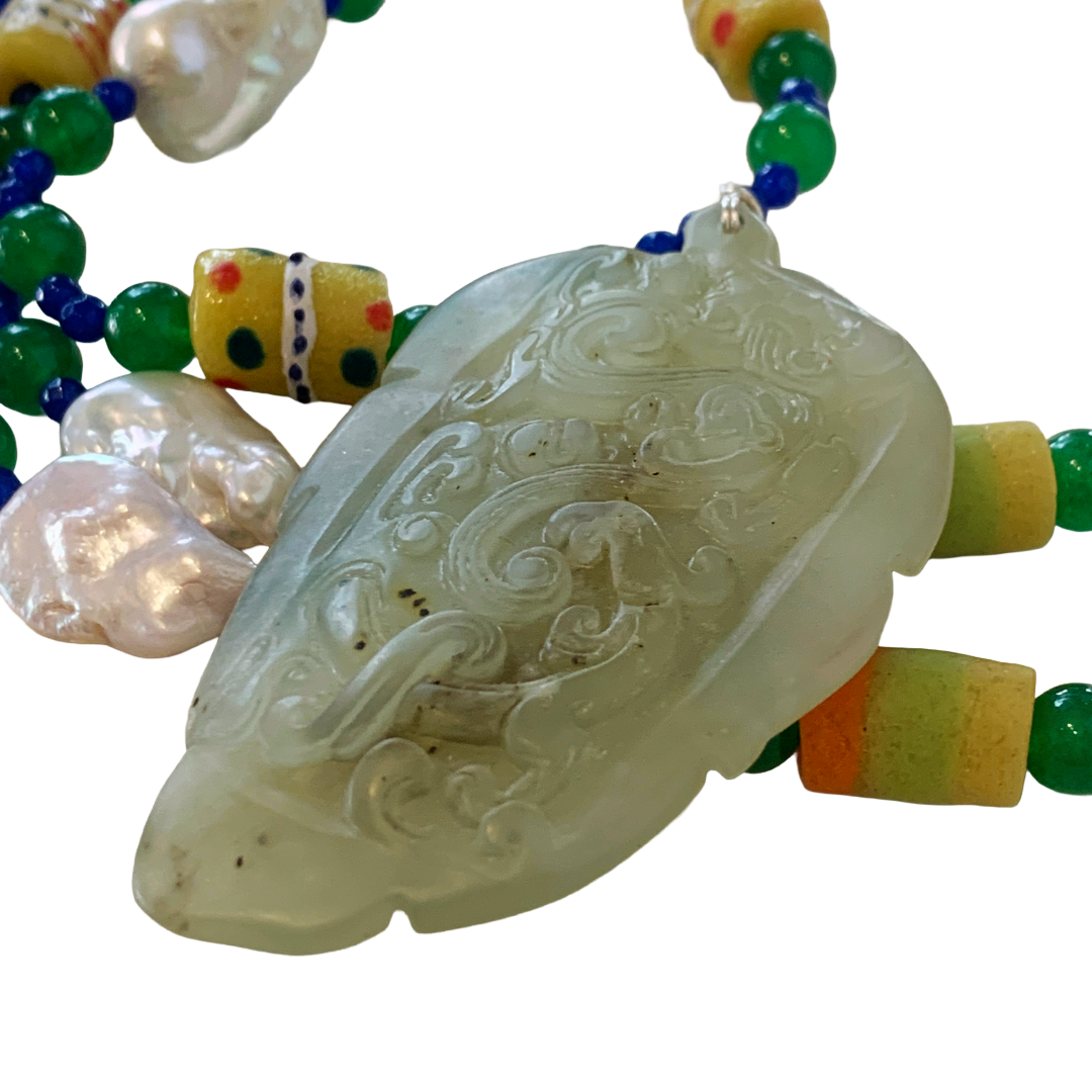 PEARL AND SALTY PLUM | ‘Jade Leaf Pendant Necklace’ | mixed beads + baroque freshwater pearls