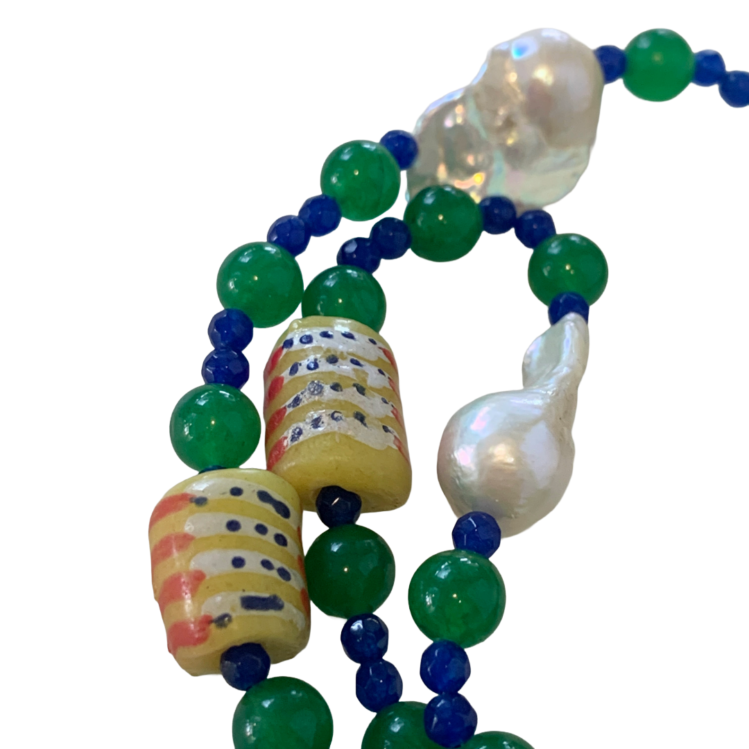 PEARL AND SALTY PLUM | ‘Jade Leaf Pendant Necklace’ | mixed beads + baroque freshwater pearls