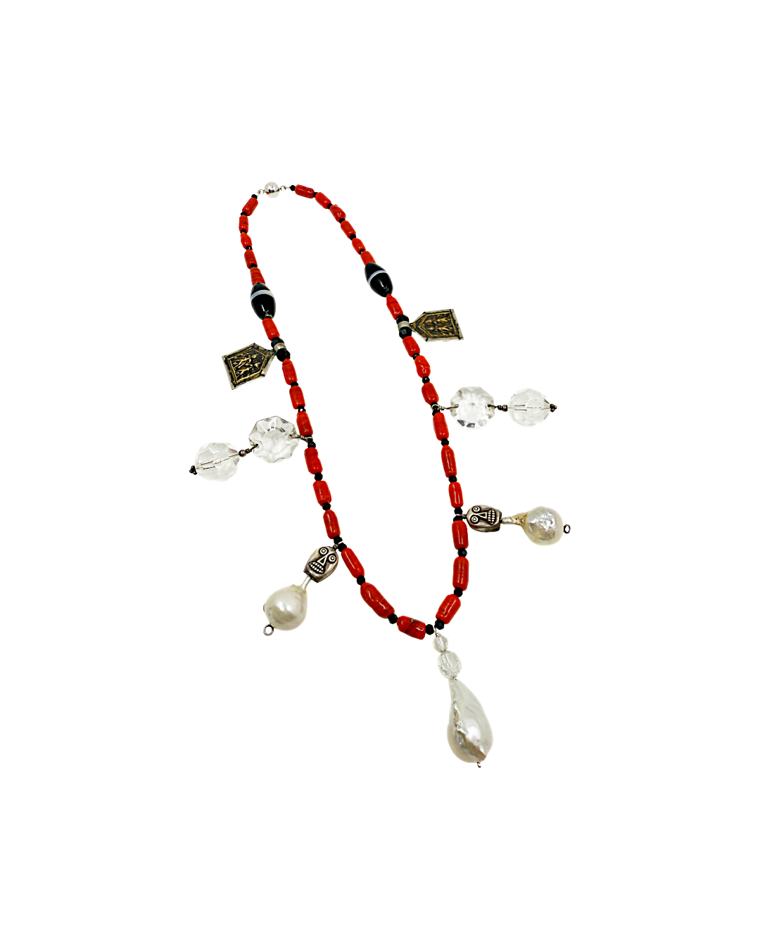 PEARL AND SALTY PLUM | ‘Orange glass + Pearl Necklace’ | French crystal / recycled glass / silver charms / spinel / Baroque freshwater pearls
