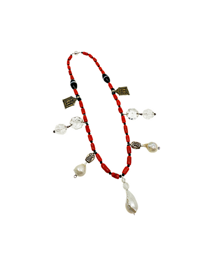 PEARL AND SALTY PLUM | ‘Orange glass + Pearl Necklace’ | French crystal / recycled glass / silver charms / spinel / Baroque freshwater pearls