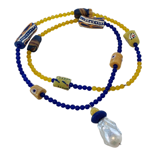 PEARL AND SALTY PLUM | ‘Onyx Multi Necklace’ | Krobo beads + freshwater pearls