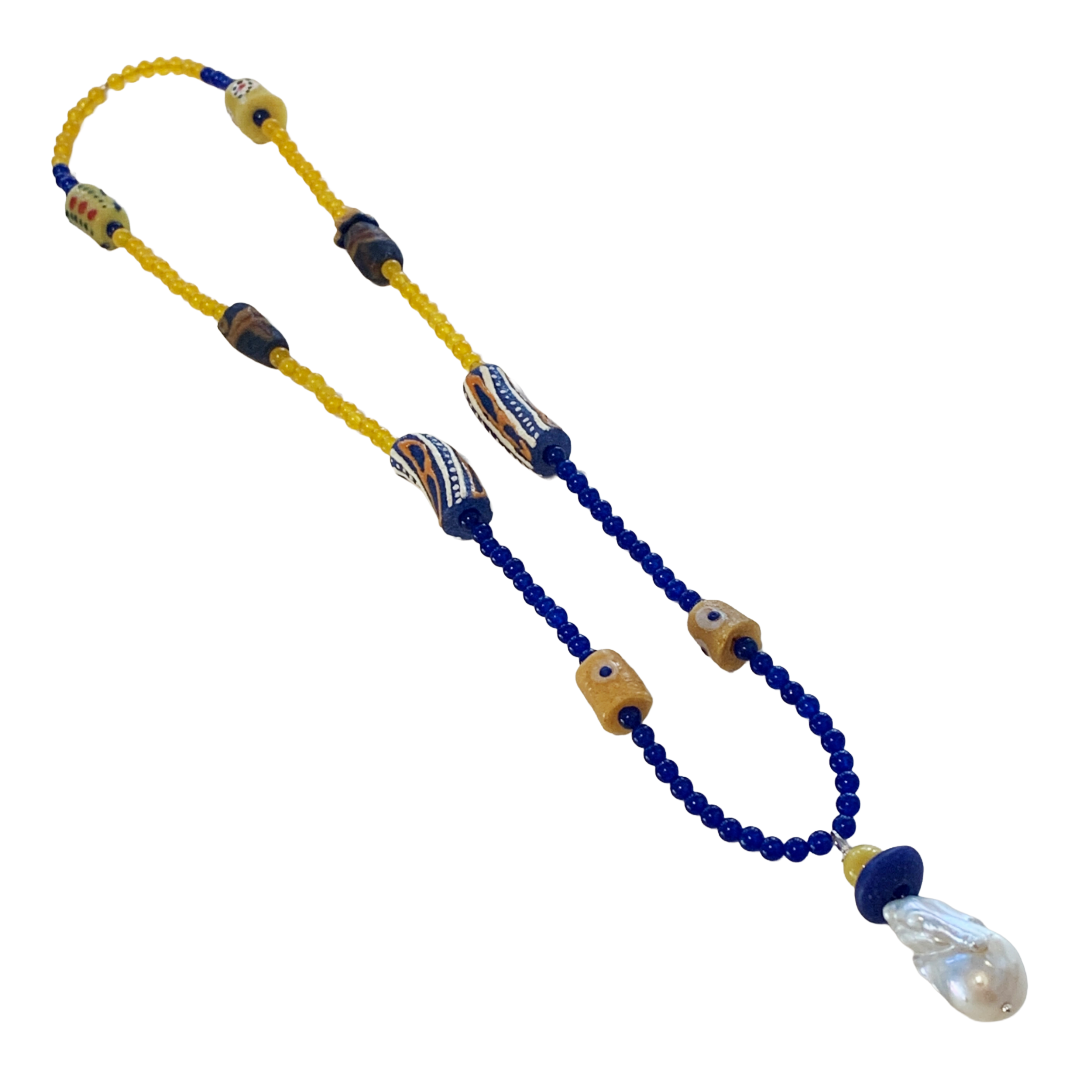 PEARL AND SALTY PLUM | ‘Onyx Multi Necklace’ | Krobo beads + freshwater pearls