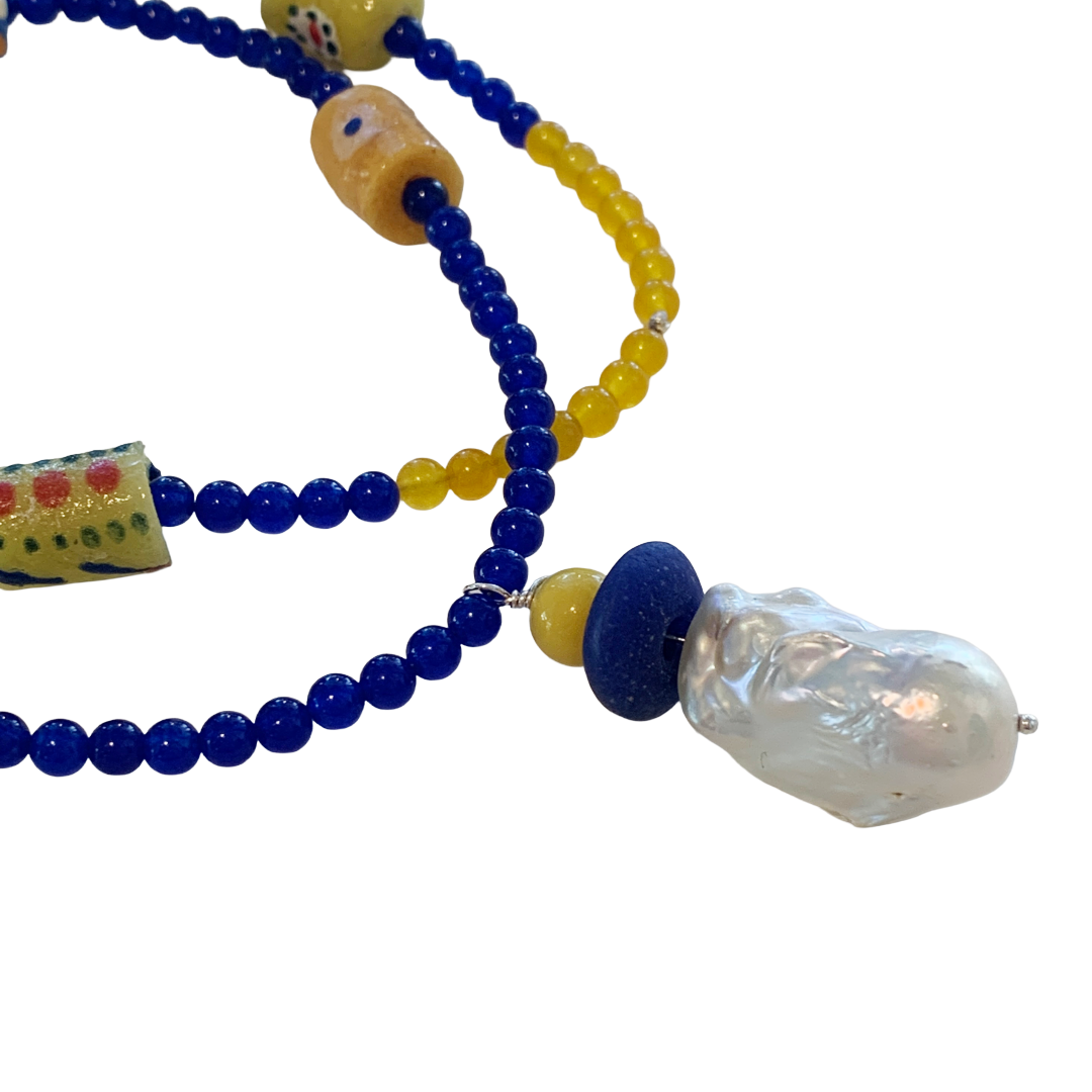 PEARL AND SALTY PLUM | ‘Onyx Multi Necklace’ | Krobo beads + freshwater pearls