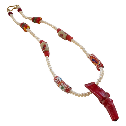 PEARL AND SALTY PLUM | ‘Pearl + Red Coral Necklace’ | African glass beads + baroque freshwater pearls