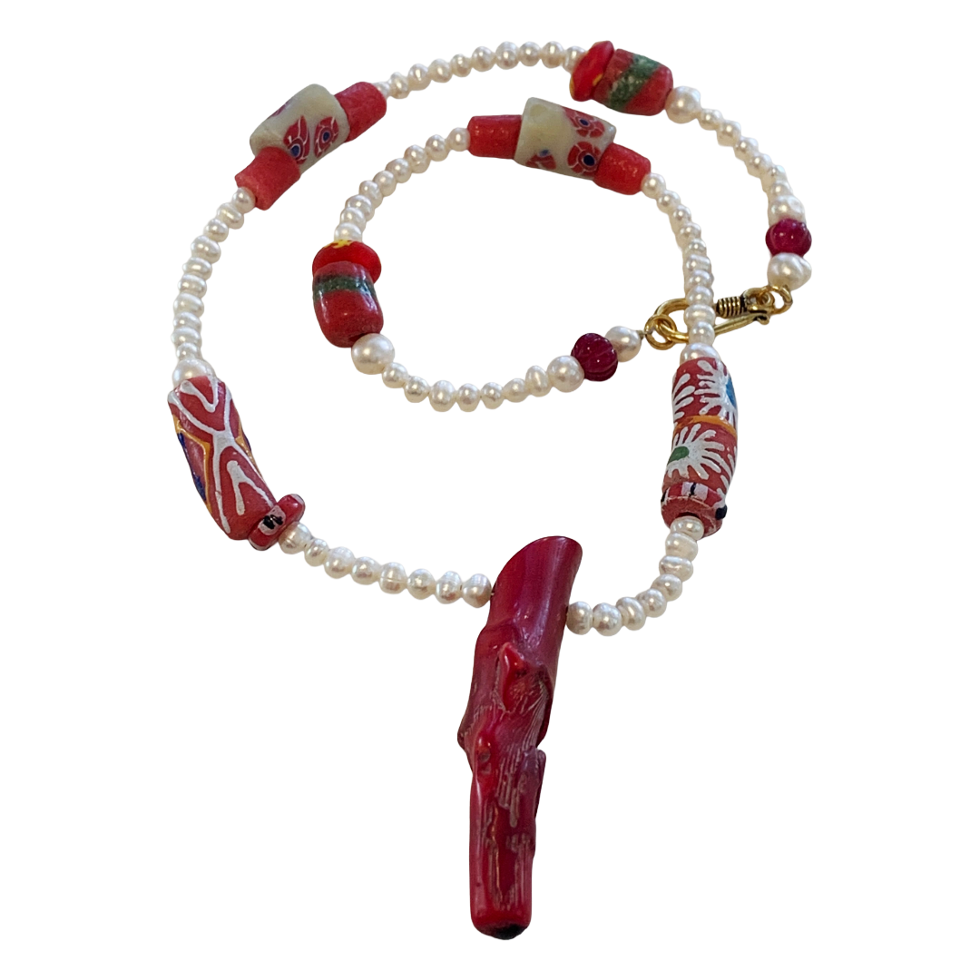 PEARL AND SALTY PLUM | ‘Pearl + Red Coral Necklace’ | African glass beads + baroque freshwater pearls