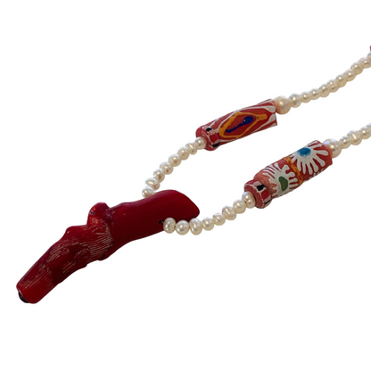 PEARL AND SALTY PLUM | ‘Pearl + Red Coral Necklace’ | African glass beads + baroque freshwater pearls