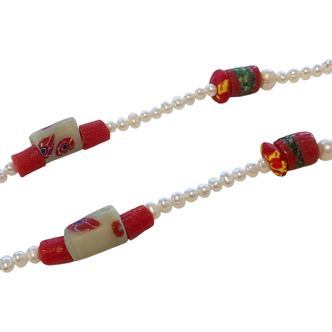 PEARL AND SALTY PLUM | ‘Pearl + Red Coral Necklace’ | African glass beads + baroque freshwater pearls
