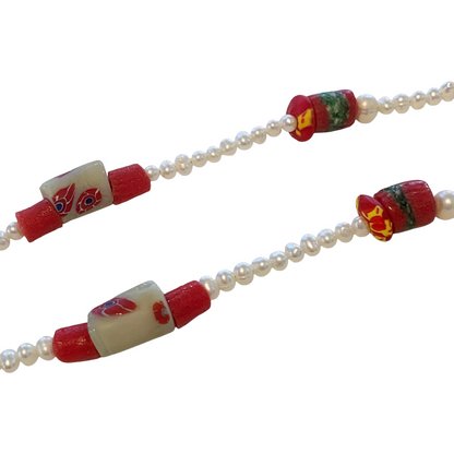 PEARL AND SALTY PLUM | ‘Pearl + Red Coral Necklace’ | African glass beads + baroque freshwater pearls