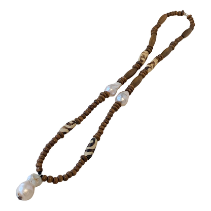 PEARL AND SALTY PLUM | ‘Pearl + Wood Necklace’ | timber beads + baroque freshwater pearls