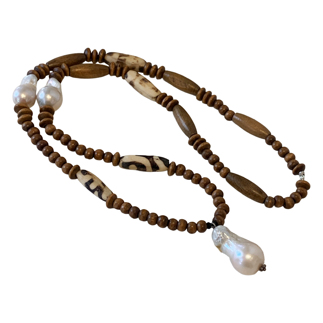 PEARL AND SALTY PLUM | ‘Pearl + Wood Necklace’ | timber beads + baroque freshwater pearls