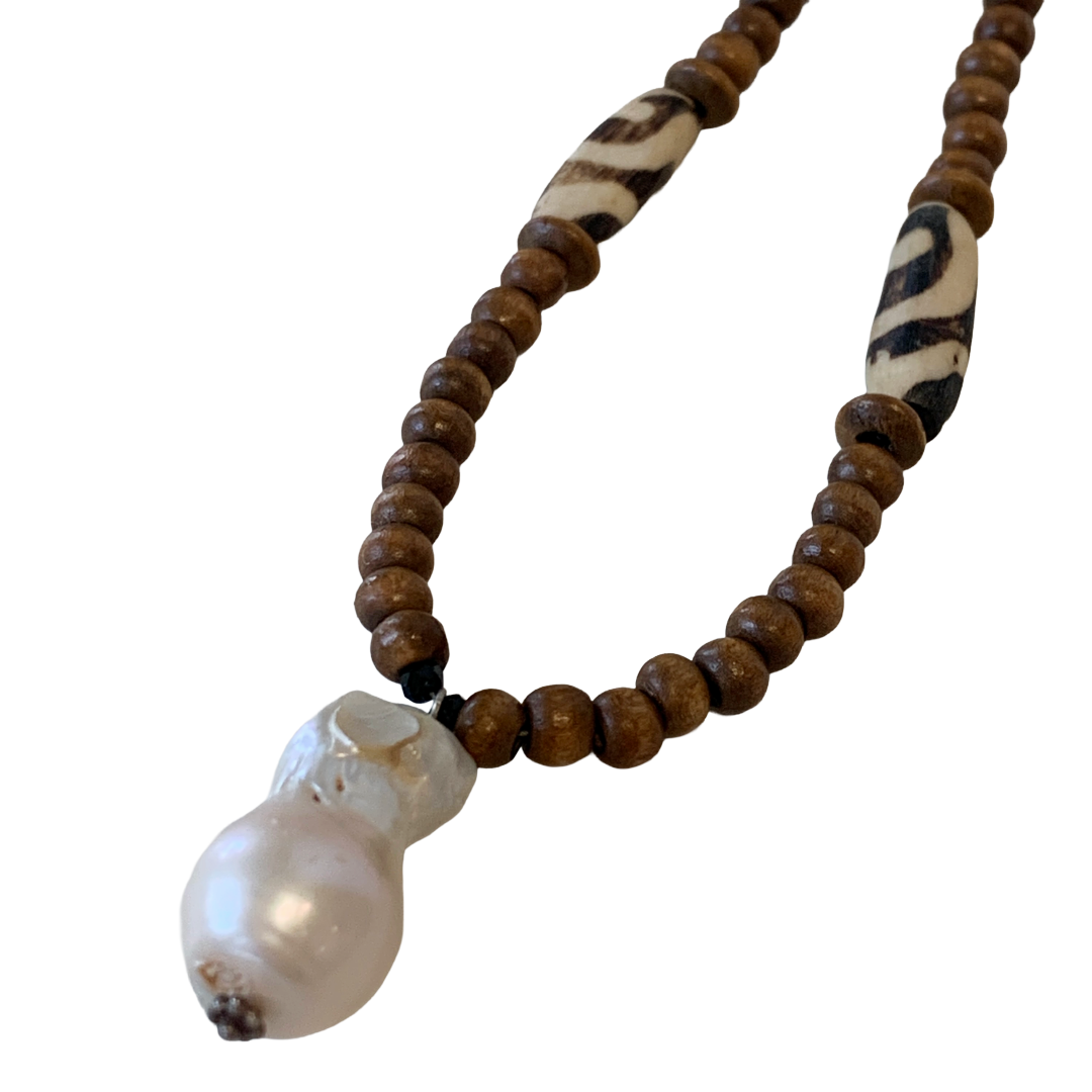 PEARL AND SALTY PLUM | ‘Pearl + Wood Necklace’ | timber beads + baroque freshwater pearls