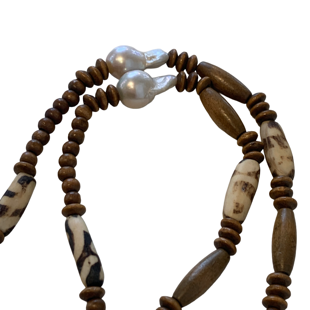 PEARL AND SALTY PLUM | ‘Pearl + Wood Necklace’ | timber beads + baroque freshwater pearls