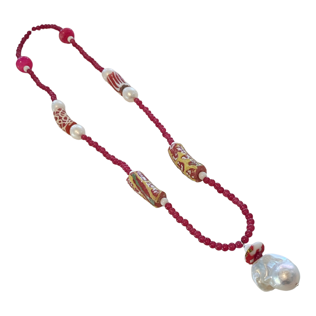 PEARL AND SALTY PLUM | ‘Ruby Necklace’ | African glass beads + baroque freshwater pearls