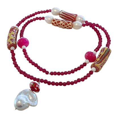 PEARL AND SALTY PLUM | ‘Ruby Necklace’ | African glass beads + baroque freshwater pearls