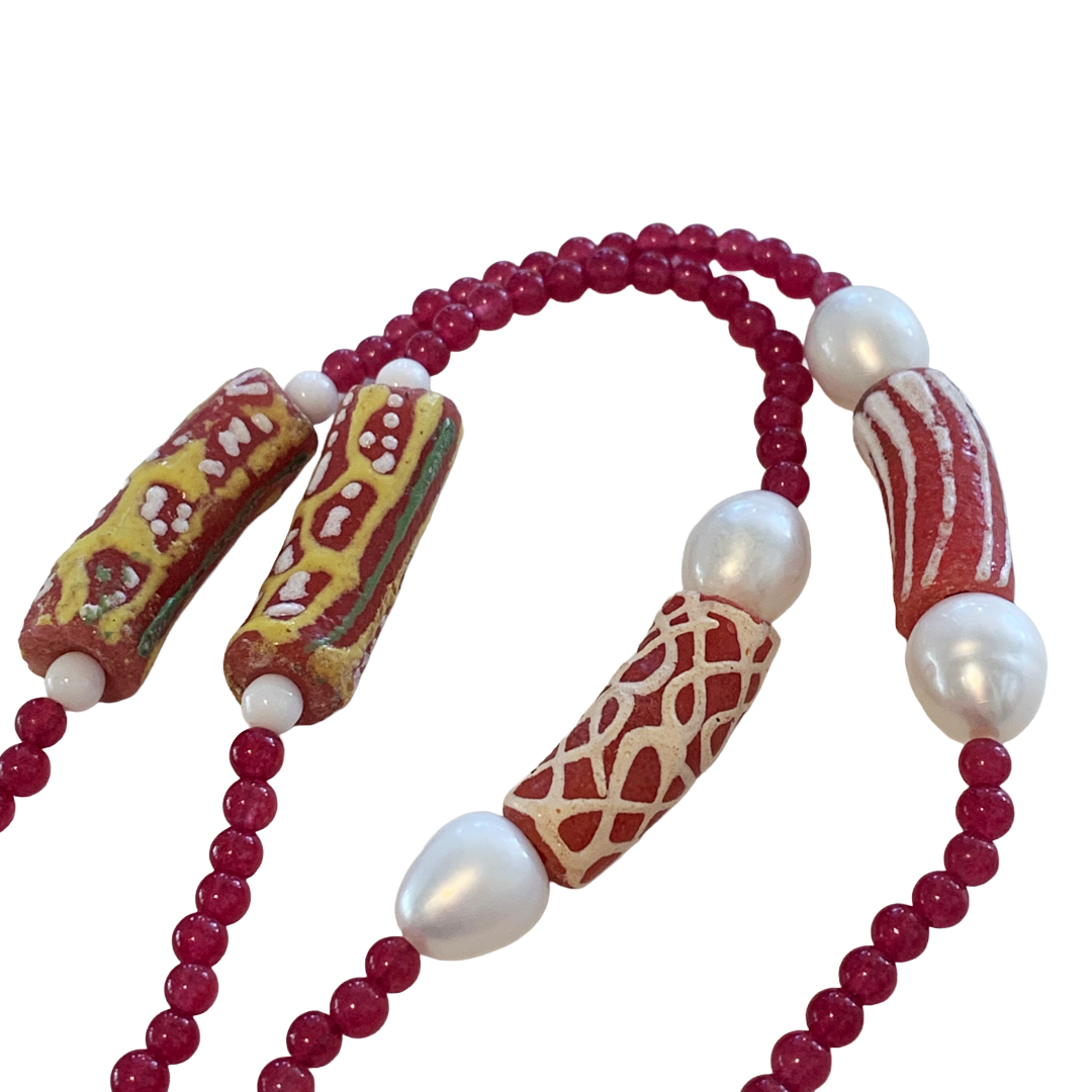 PEARL AND SALTY PLUM | ‘Ruby Necklace’ | African glass beads + baroque freshwater pearls
