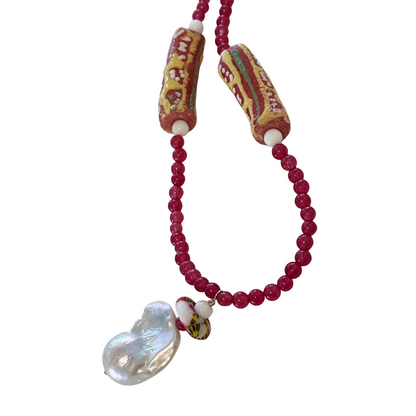 PEARL AND SALTY PLUM | ‘Ruby Necklace’ | African glass beads + baroque freshwater pearls