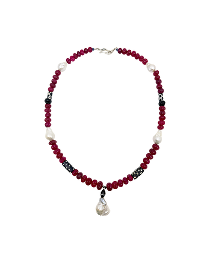 PEARL AND SALTY PLUM | ‘Ruby + Pearl Necklace’ | Ruby / African trade beads / Baroque freshwater pearls