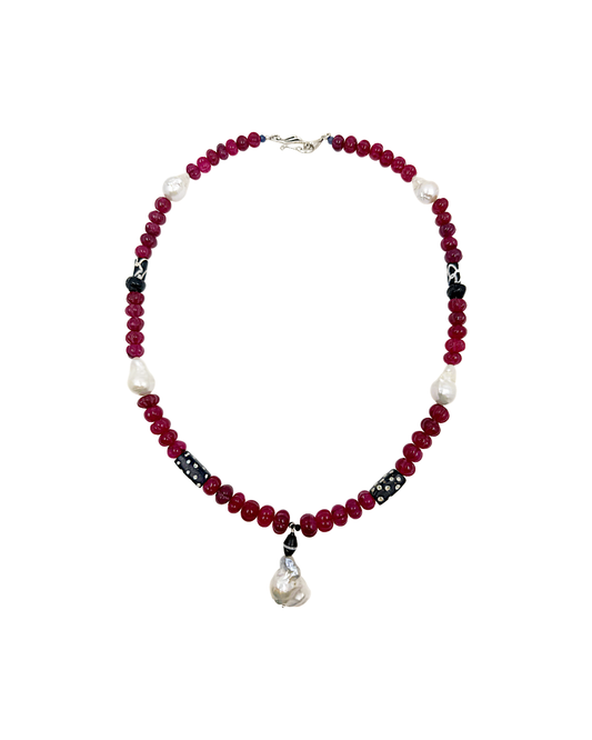 PEARL AND SALTY PLUM | ‘Ruby + Pearl Necklace’ | Ruby / African trade beads / Baroque freshwater pearls