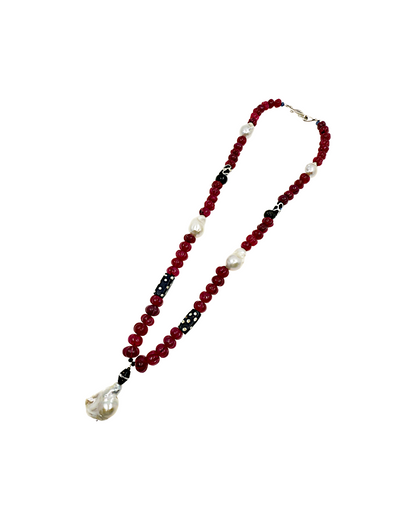 PEARL AND SALTY PLUM | ‘Ruby + Pearl Necklace’ | Ruby / African trade beads / Baroque freshwater pearls