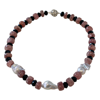 PEARL AND SALTY PLUM | ‘Strawberry Quartz & Black Glass Necklace’ | timber beads + baroque freshwater pearls