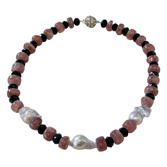 PEARL AND SALTY PLUM | ‘Strawberry Quartz & Black Glass Necklace’ | timber beads + baroque freshwater pearls