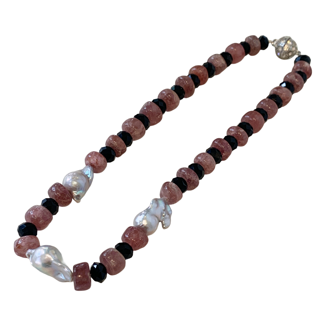 PEARL AND SALTY PLUM | ‘Strawberry Quartz & Black Glass Necklace’ | timber beads + baroque freshwater pearls