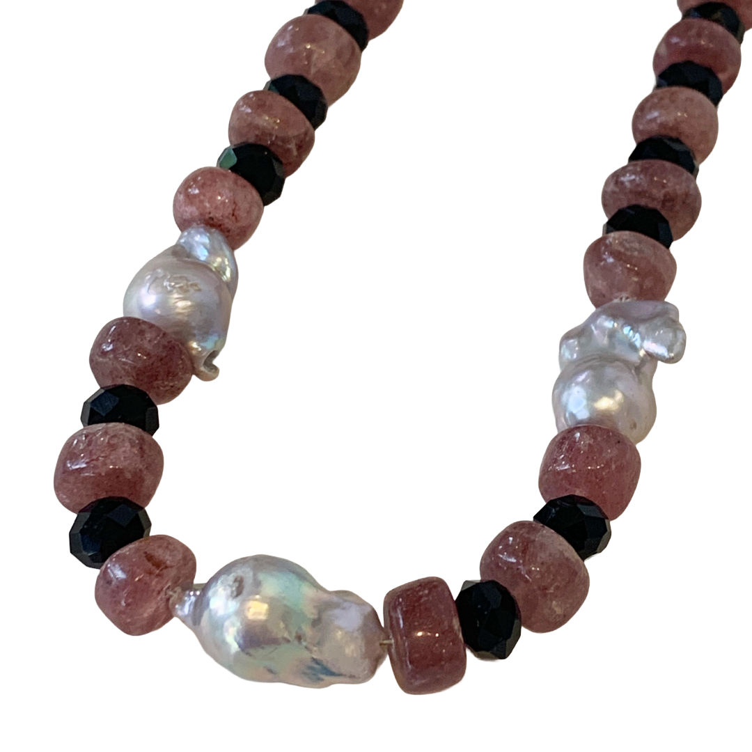 PEARL AND SALTY PLUM | ‘Strawberry Quartz & Black Glass Necklace’ | timber beads + baroque freshwater pearls