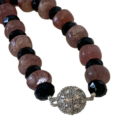 PEARL AND SALTY PLUM | ‘Strawberry Quartz & Black Glass Necklace’ | timber beads + baroque freshwater pearls
