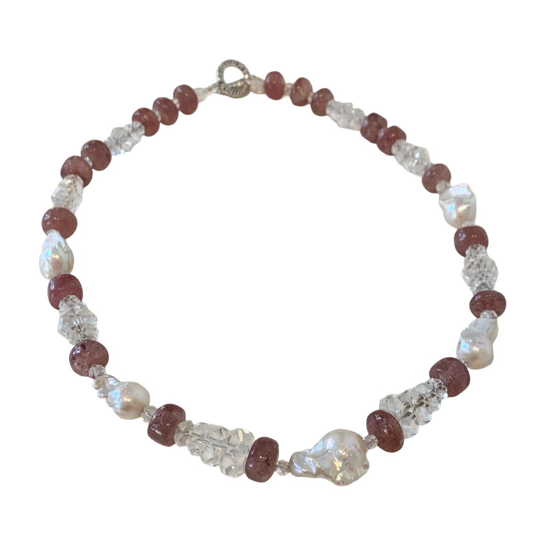 PEARL AND SALTY PLUM | ‘Strawberry Quartz Necklace’ | quartz + crystal beads + baroque freshwater pearls
