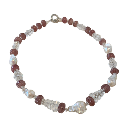 PEARL AND SALTY PLUM | ‘Strawberry Quartz Necklace’ | quartz + crystal beads + baroque freshwater pearls