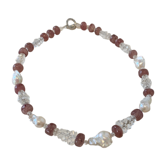 PEARL AND SALTY PLUM | ‘Strawberry Quartz Necklace’ | quartz + crystal beads + baroque freshwater pearls