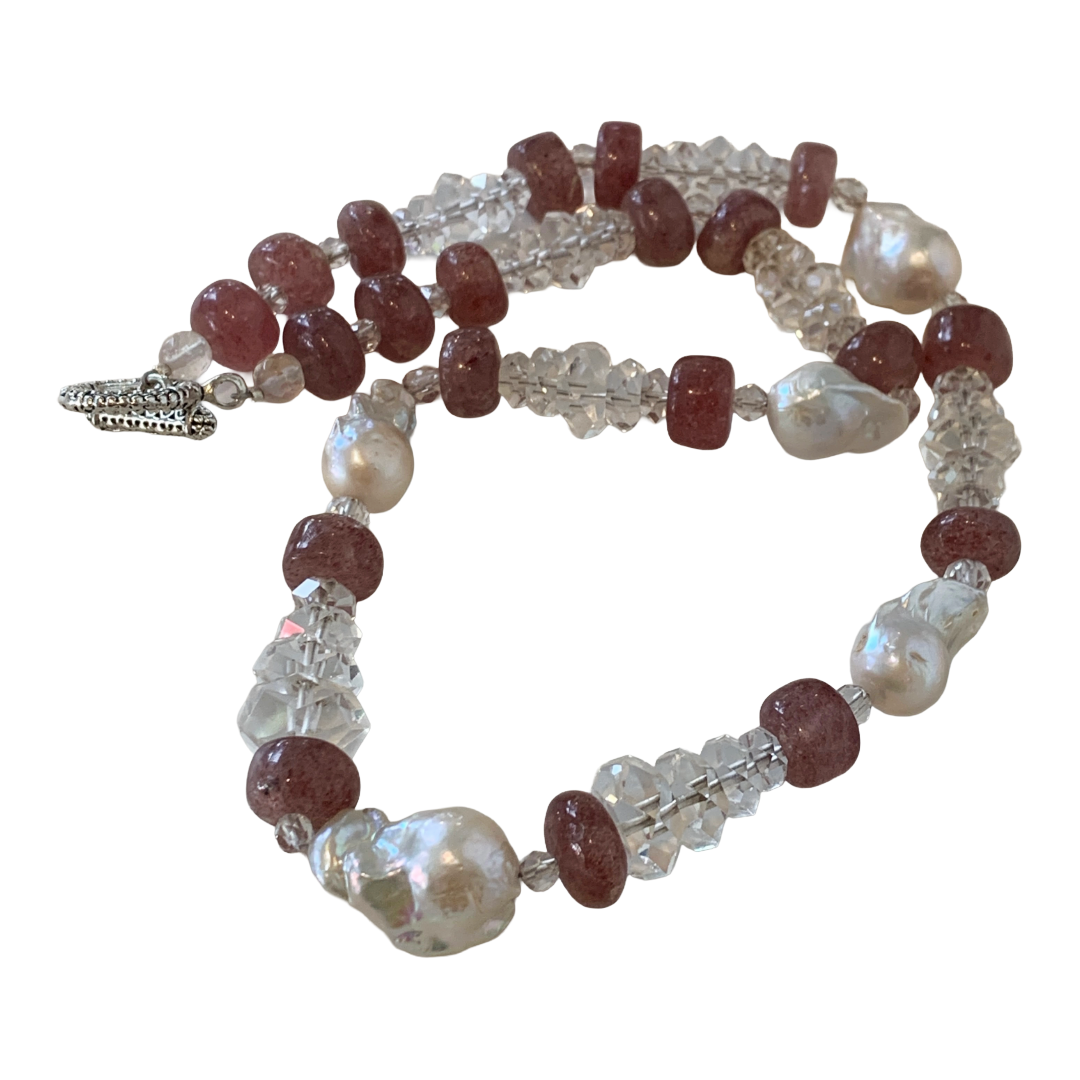 PEARL AND SALTY PLUM | ‘Strawberry Quartz Necklace’ | quartz + crystal beads + baroque freshwater pearls