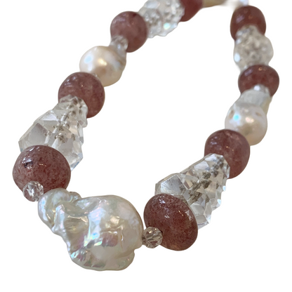 PEARL AND SALTY PLUM | ‘Strawberry Quartz Necklace’ | quartz + crystal beads + baroque freshwater pearls