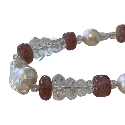 PEARL AND SALTY PLUM | ‘Strawberry Quartz Necklace’ | quartz + crystal beads + baroque freshwater pearls