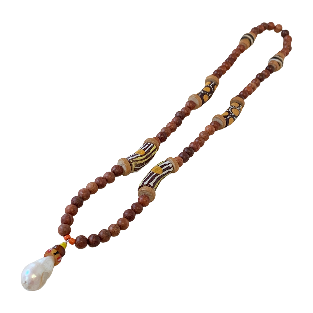PEARL AND SALTY PLUM | ‘Pearl, Bead + Wood Necklace’ | mixed beads + baroque freshwater pearls