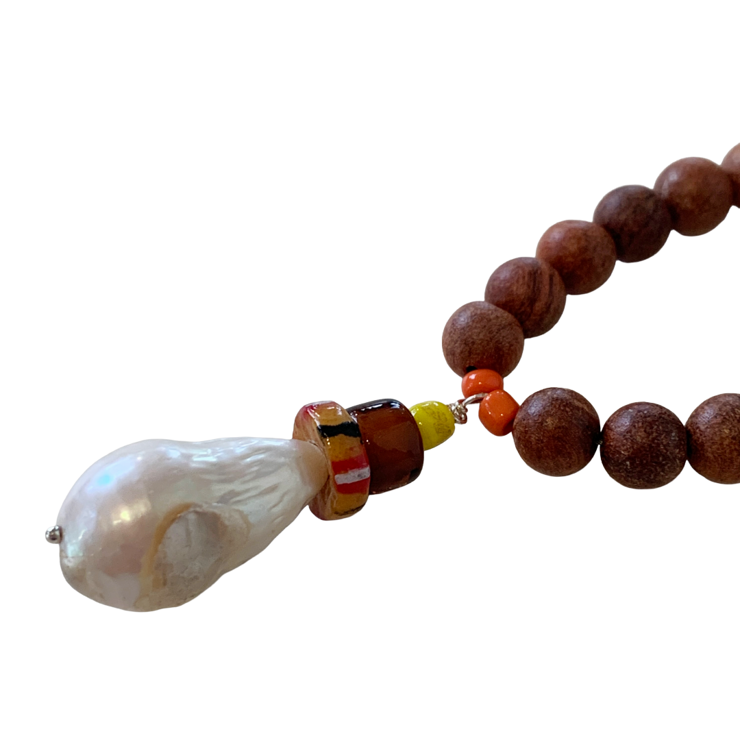 PEARL AND SALTY PLUM | ‘Pearl, Bead + Wood Necklace’ | mixed beads + baroque freshwater pearls