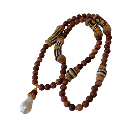 PEARL AND SALTY PLUM | ‘Pearl, Bead + Wood Necklace’ | mixed beads + baroque freshwater pearls