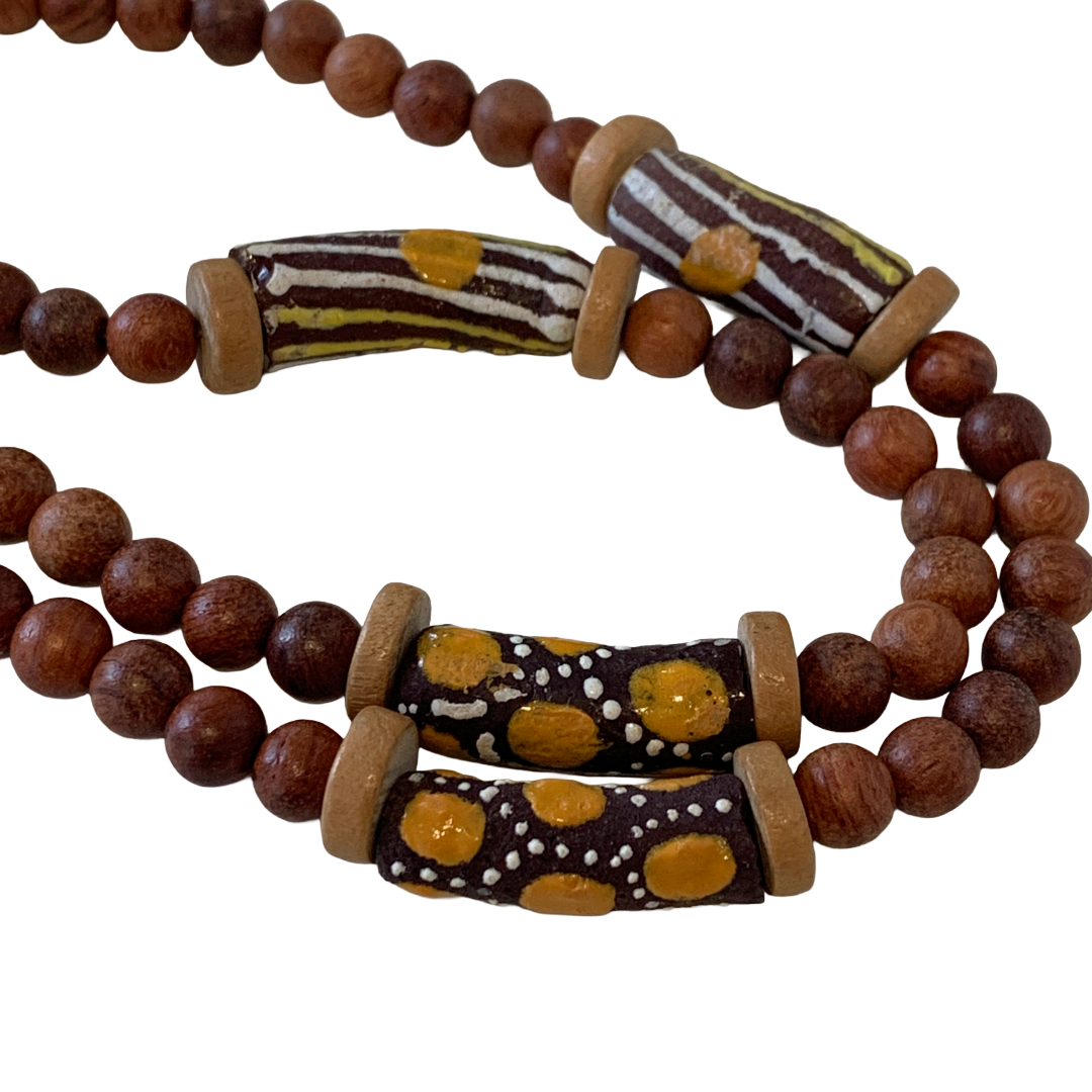 PEARL AND SALTY PLUM | ‘Pearl, Bead + Wood Necklace’ | mixed beads + baroque freshwater pearls