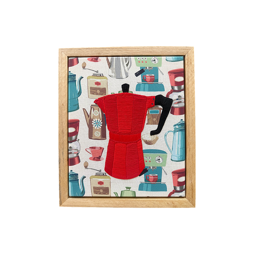 REGI CHERIN | 'First Coffee' | Embroidery floss on cotton | 35 (H) x 30 (W) cm
