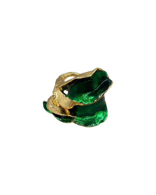 ARTIZ | 'Green Enamel Leaf Ring (XL)' | Gold plated bronze