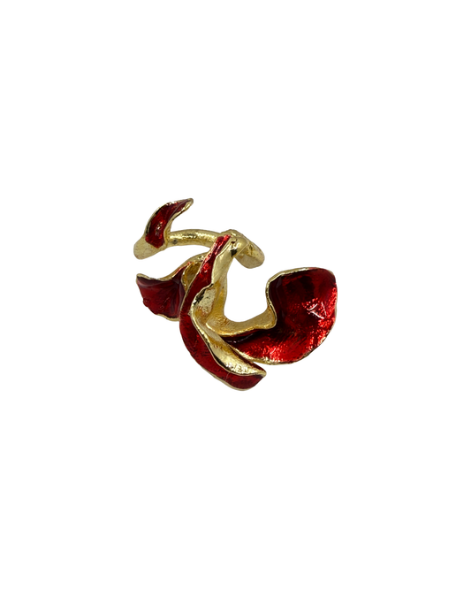 ARTIZ | 'Red Enamel Leaf Ring (XL)' | Gold plated bronze