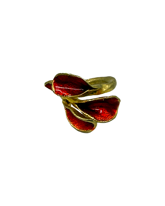 ARTIZ | 'Red Enamel Leaf Ring ' | Gold plated bronze