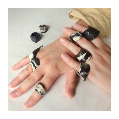 MALKI STUDIO | | ‘Basalt ring 4’ | Handmade high fired black & white clay