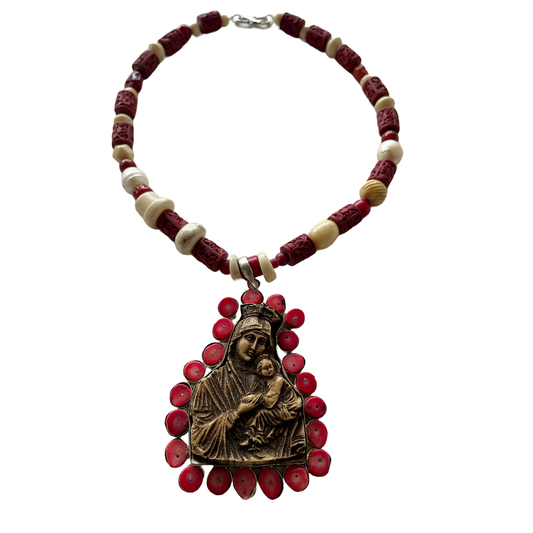 PEARL AND SALTY PLUM | ‘Red Madonna Necklace’ | Mixed Media Necklace