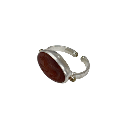 ARTIZ | 'Carved Ring'- Horse | orange oval stone | silver + bronze | hand carved surface