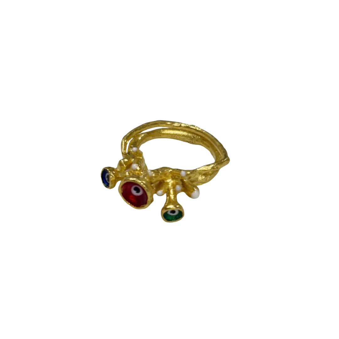 ARTIZ | 'Nazar Cluster Ring' | blue, red, green evil eyes | Gold plated bronze / enamel