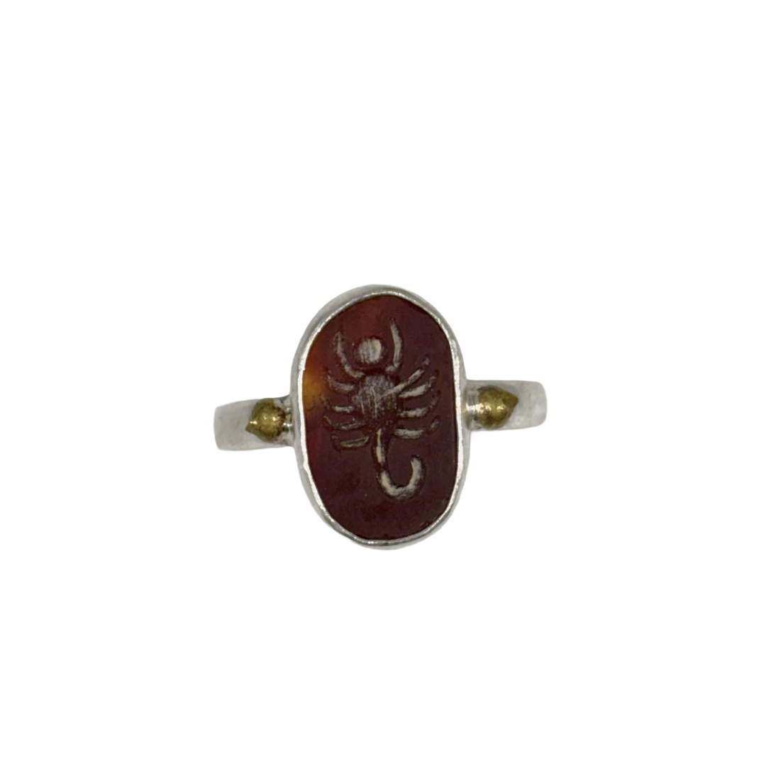 ARTIZ | 'Carved Ring'- Scorpion | amber oval stone | silver + bronze | hand carved surface