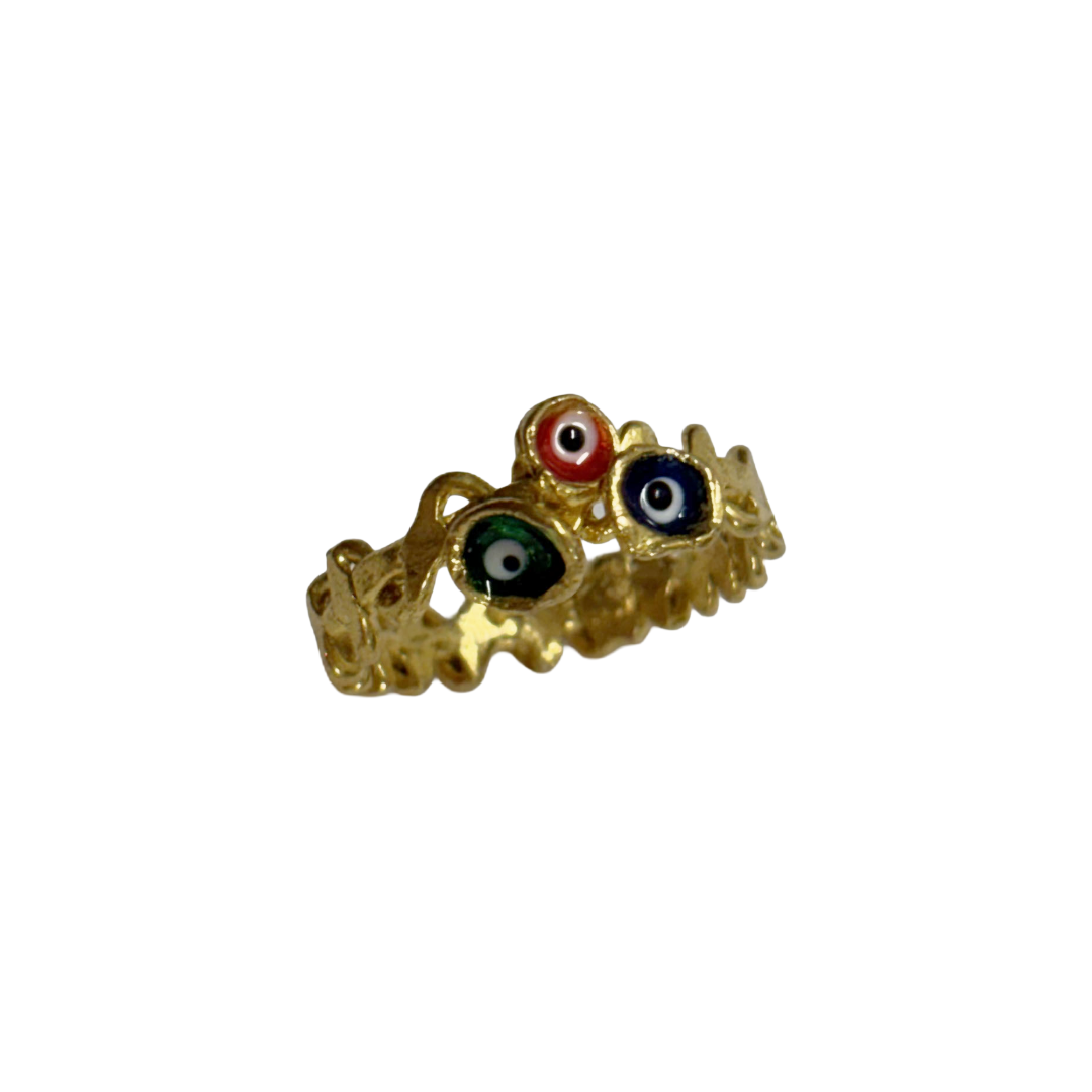 ARTIZ | 'Nazar Wrapped Band Ring' | blue, red, green evil eyes | gold plated bronze / enamel