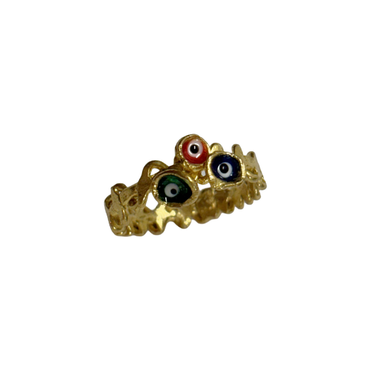 ARTIZ | 'Nazar Wrapped Band Ring' | blue, red, green evil eyes | gold plated bronze / enamel