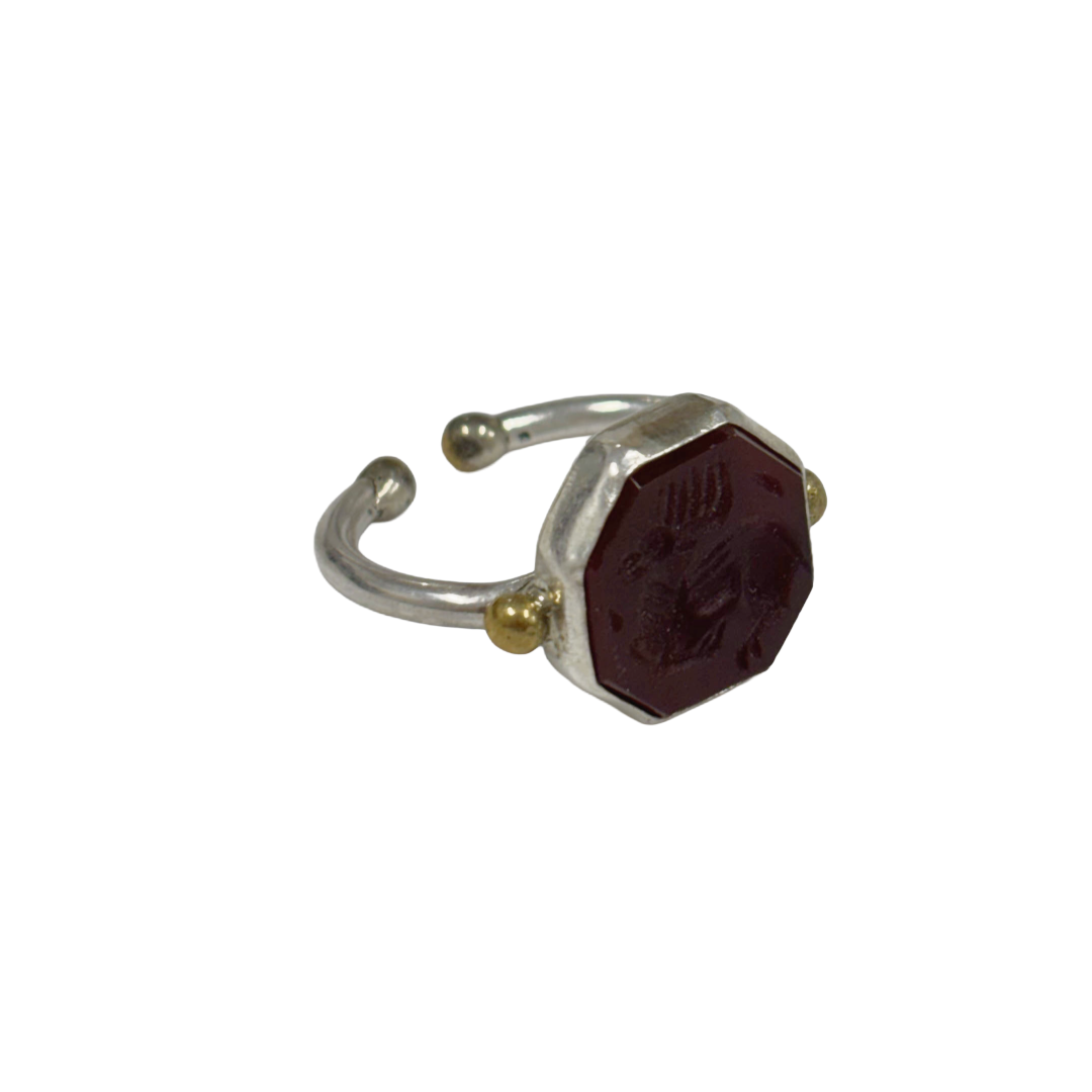 ARTIZ | 'Carved Ring'- Stag | red octagonal stone | silver + bronze | hand carved surface